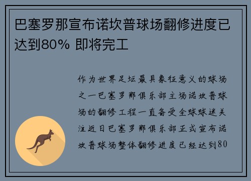 巴塞罗那宣布诺坎普球场翻修进度已达到80% 即将完工